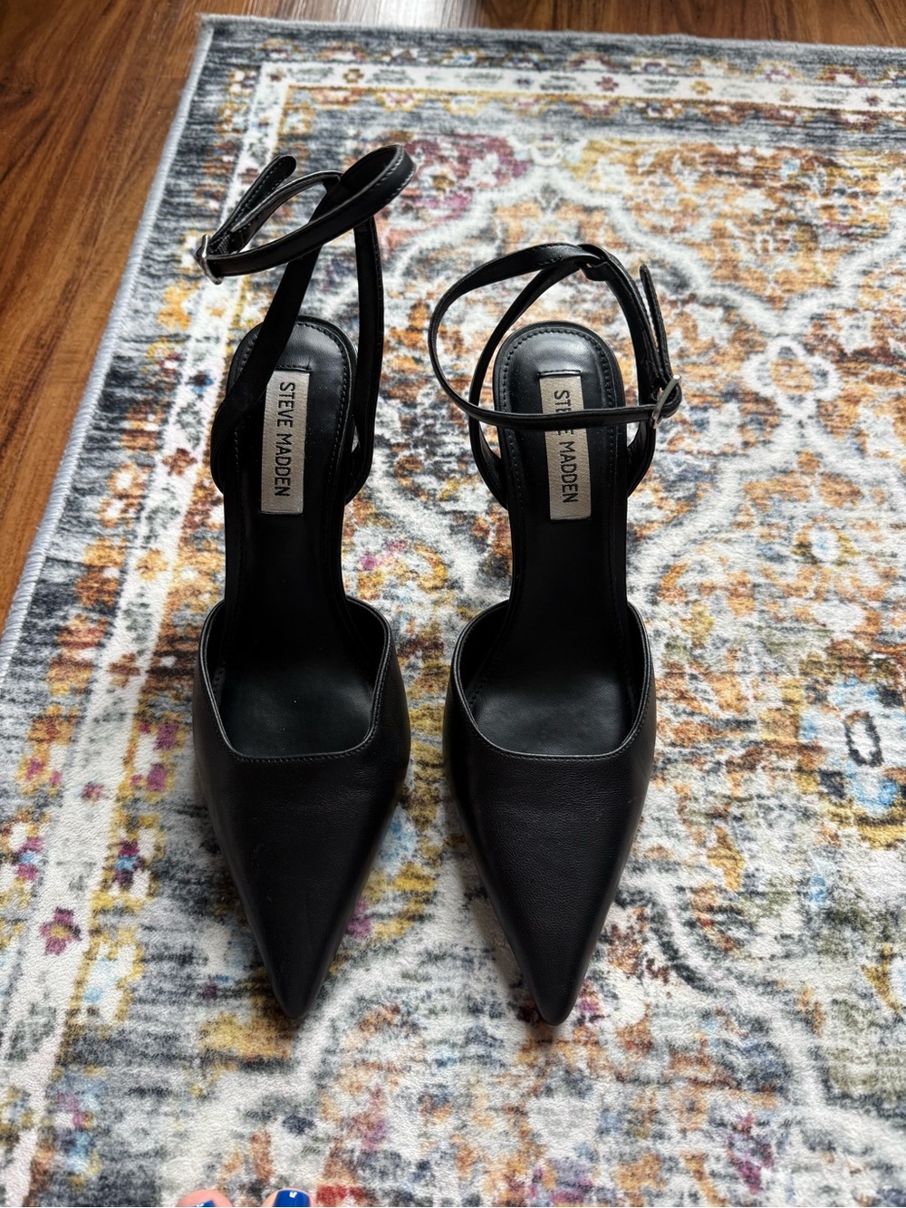 Steve Madden Black Pointed Ankle-Strap Pumps with Slim Heel